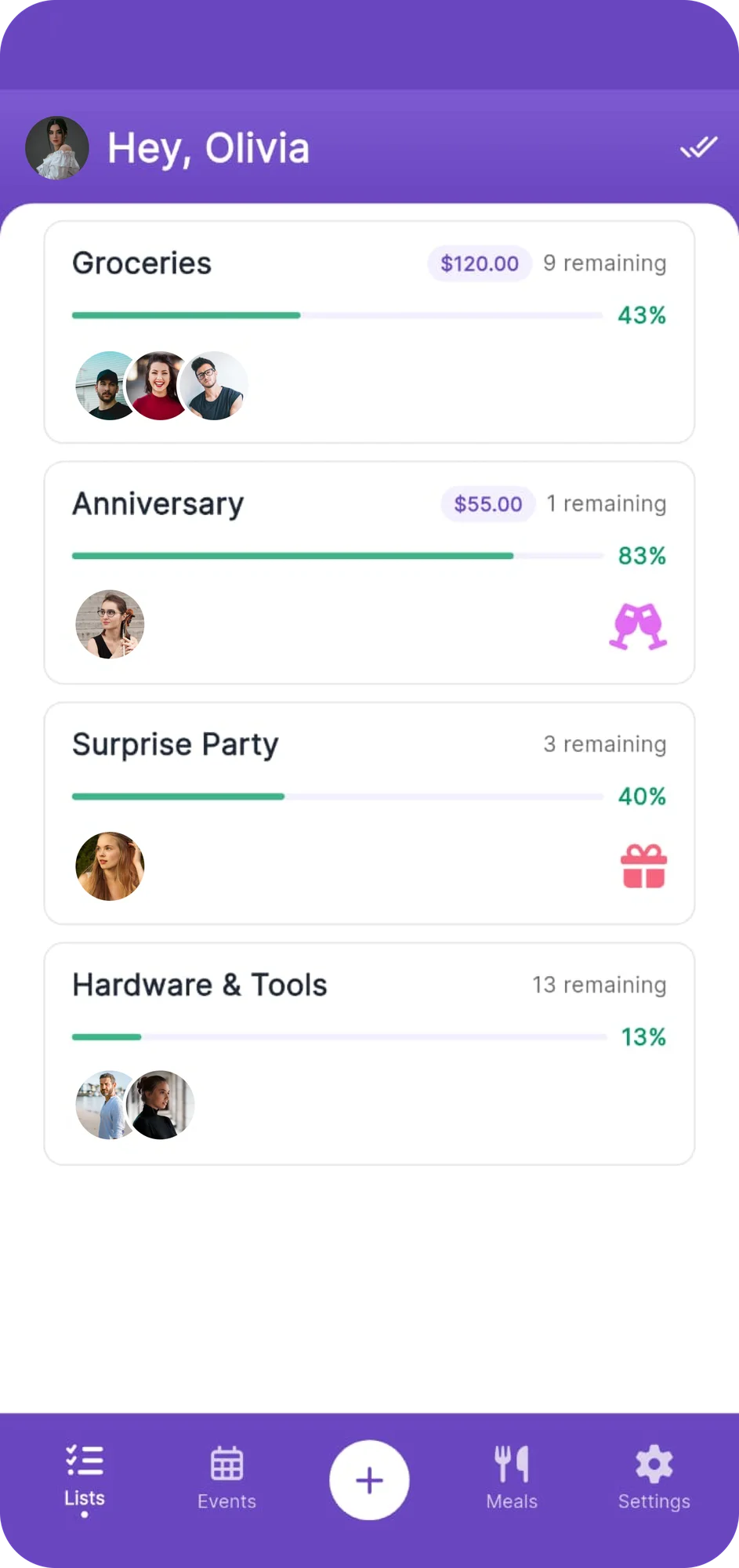 List Buddy app showing shared shopping lists